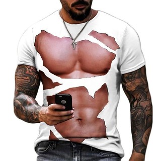 Thời Trang Mùa Hè Cá Tính Ngực Cơ abs Đồ Họa Áo Nam Hip Hop Bông Tai Kẹp 3D Ngộ nghĩnh In Hình Tay Ngắn Tee Top