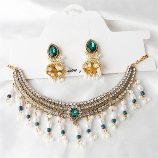 1 Bộ bohemian Ngọc Trai Kỳ Lạ vintage Tua Rua Xương Cổ Vòng Cổ Bông Tai Bộ Trang Sức