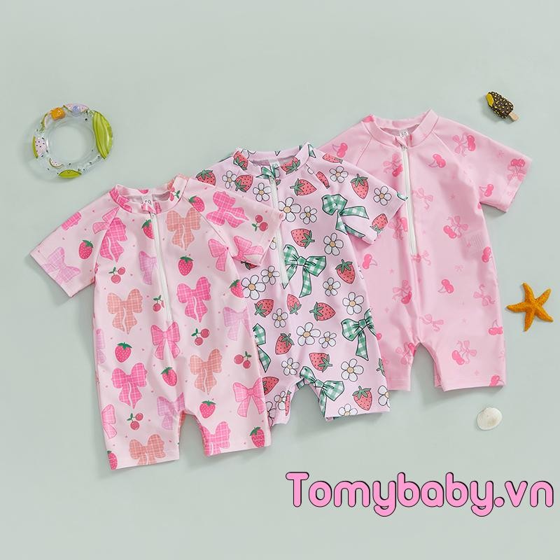 Bộ đồ bơi bé gái tập đi Cherry / Bow Print Zipper Tay ngắn có khóa kéo Bộ đồ tắm