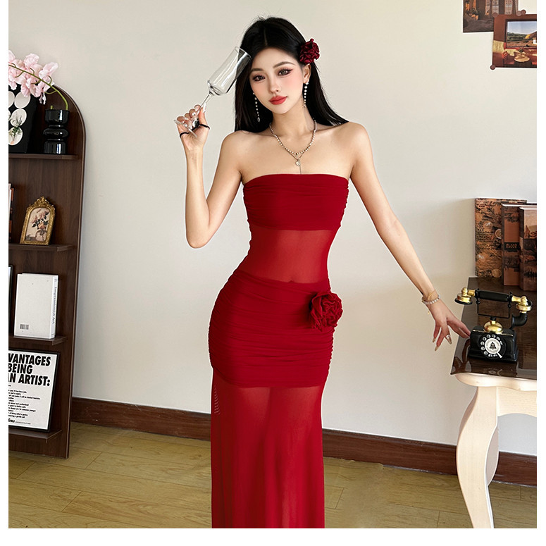 Klalien Đầm Maxi Không Tay quây Hình Eo Quấn hông Màu Trơn Lưới Nhìn Xuyên Qua Thanh Lịch Thường Ngày Gợi Cảm Thời Trang Mới Nữ