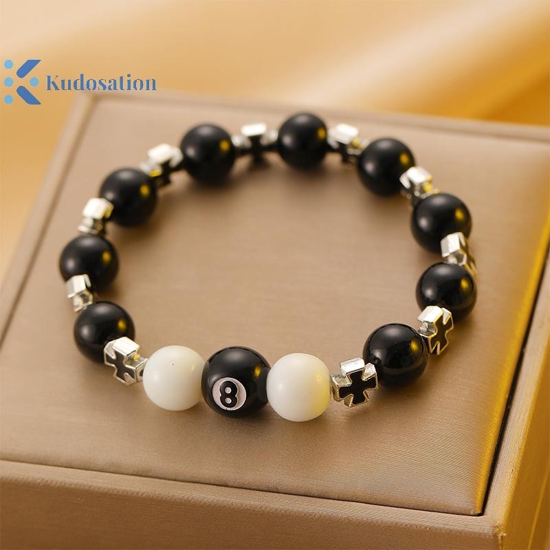 Kudosation Bida Đen 8 Hạt Vòng Tay Nam Nữ Handmade Chữ Thập May Mắn Đàn Hồi Vòng Tay Nam Hip Hop Trang Sức Phụ Kiện