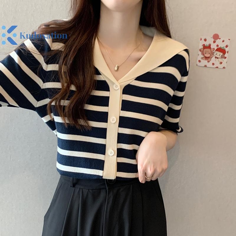 Kudosation Nữ Áo Cổ Hải Quân Màu Sọc Tay Ngắn Cổ Chữ V Áo Thun Đẹp