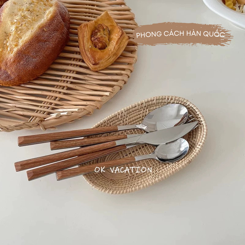 Bộ Dao Muỗng Dĩa Thìa Inox Cán Giả Gỗ Phong Cách Hàn Quốc Dùng Ăn Bít Tết, Đồ Âu - Thìa Nĩa Ăn Tráng Miệng Cao Cấp | 242
