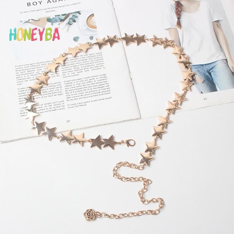< Honeyba > Vintage Nữ Thắt Lưng Nữ Kim Loại Ngôi Sao Pentagram Dây Xích Thắt Lưng Dây Xích Thắt Lưng Nữ Trang Trí Cơ Thể