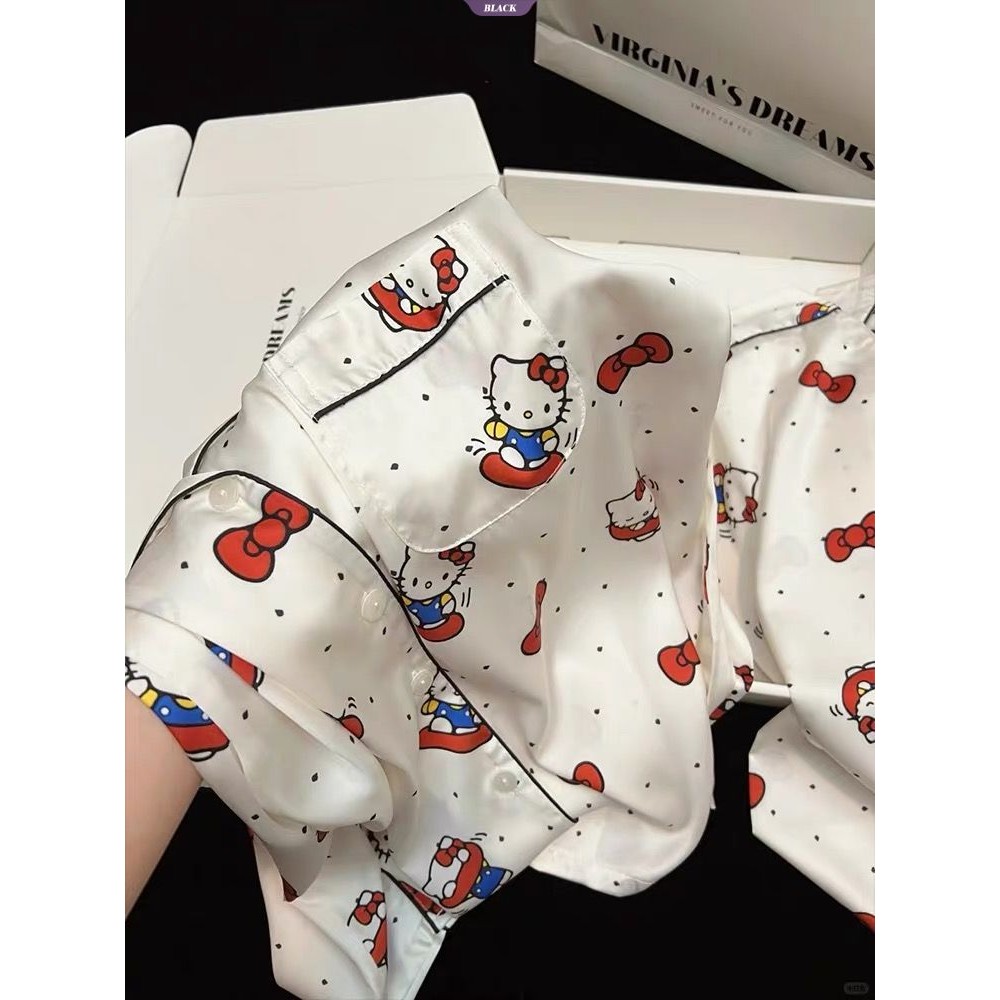 Ins Wind Bow Hello Kitty Bộ Đồ Ngủ Hoạt Hình Nữ Xuân Thu Quần Dài Tay Mới Mặc Ở Nhà [BL]