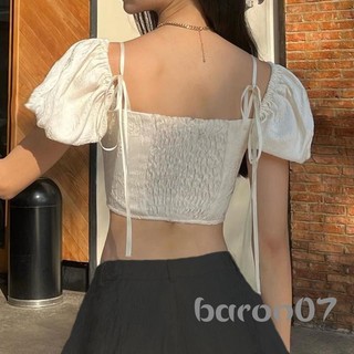 Áo Crop top nữ cổ phồng tay ngắn buộc dây buộc áo sơ mi chui đầu không đều dành cho nữ trẻ