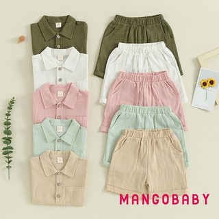 Mg-toddler Bé Trai Mùa Hè Cotton Vải Lanh Trang Phục Màu Trơn Tay Ngắn Nút Xuống Áo Sơ Mi Có Quần Short