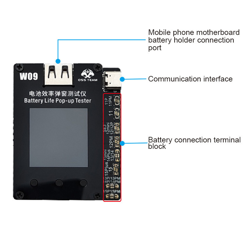 OSS W09 Pro V3 Hiệu suất pin Bật lên Tester Điện thoại di động 11 - 15 ProMax Không cần cáp ngoài Công cụ sửa đổi dữ liệu pin