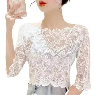 [Chất lượng cao] Áo crop top nữ THEHOMECO, Áo sơ mi nửa tay có cổ một chữ, Áo thun ren thêu thời trang dành cho nữ