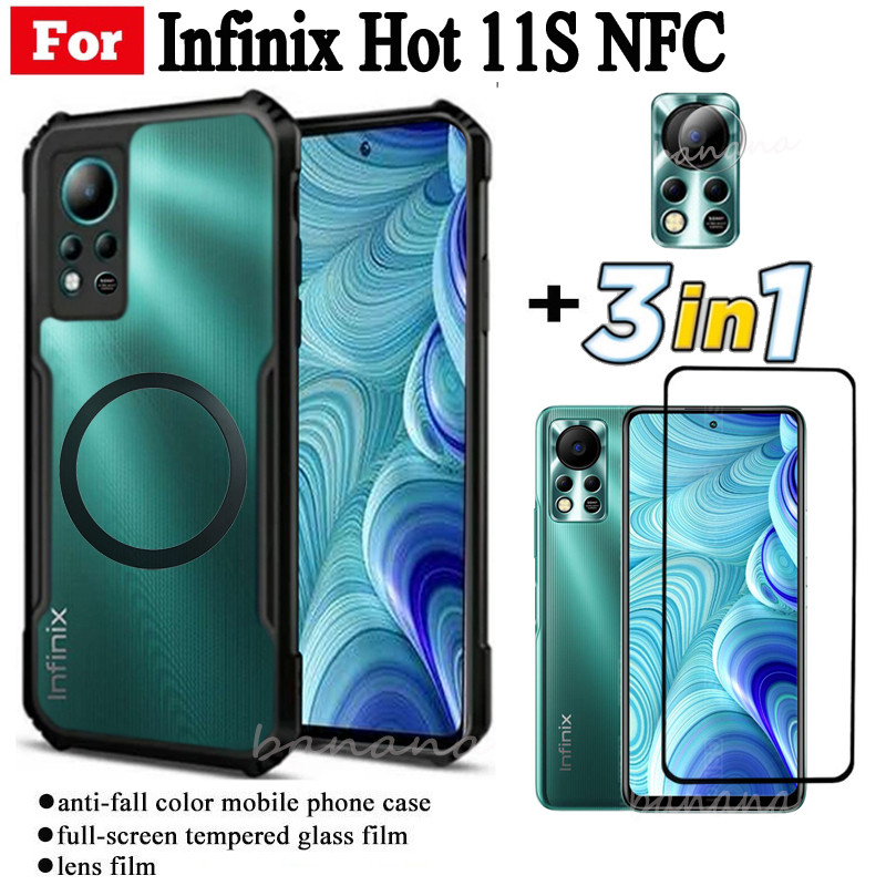 Ốp điện thoại chống sốc 3 trong 1 Infinix Hot 11s NFC có nhãn dán sạc không dây từ tính cho Infinix Hot 11s 10s Bảo vệ toàn diện Kính cường lực bảo vệ màn hình và phim ống kính