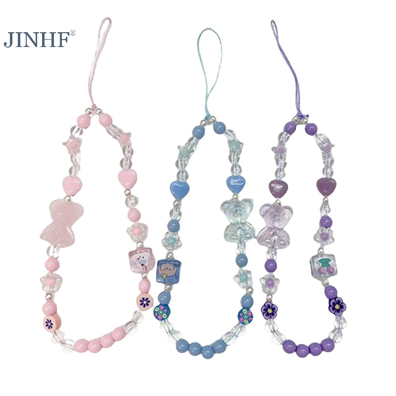 Jinhf Gấu Nơ Điện Thoại Di Động Móc Khóa Đính Hạt Chống Rơi Vòng Tay Acrylic Pha Lê Dễ Thương HOT