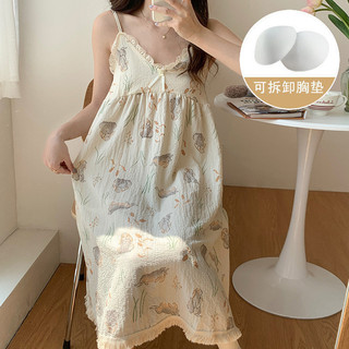 2024 phong cách mới áo ngủ dành cho nữ phong cách nóng bỏng bong bóng cotton nhăn vải treo quần áo nhà ngọt ngào