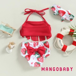 Mg-toddler Bé Gái 3 Mảnh Đồ Bơi Tua Rua Màu Trơn Áo Dâu / In Hoa Quần Short Băng Đô Chia Bộ Đồ Tắm Đồ Bơi