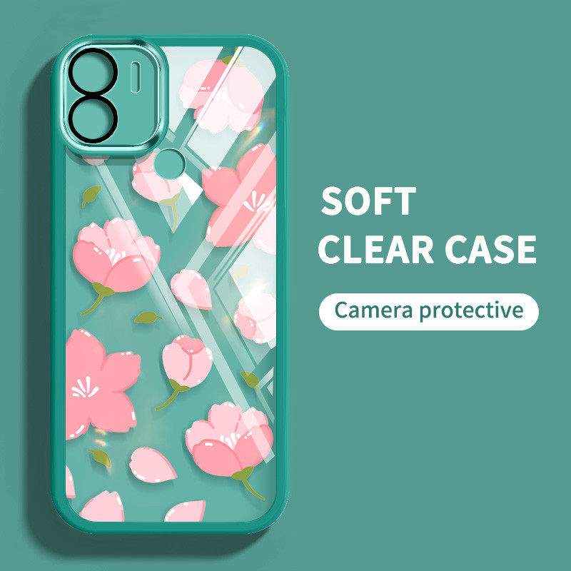 Ốp Điện Thoại Trong Suốt Màu Siêu Mỏng YBD Cho Redmi A1 A2 Plus A1 + A2 + 2022 Xiaomi POCO C50 C51 Họa Tiết Hoa Tulip Hồng (Có Phim Ống Kính Tích Hợp)