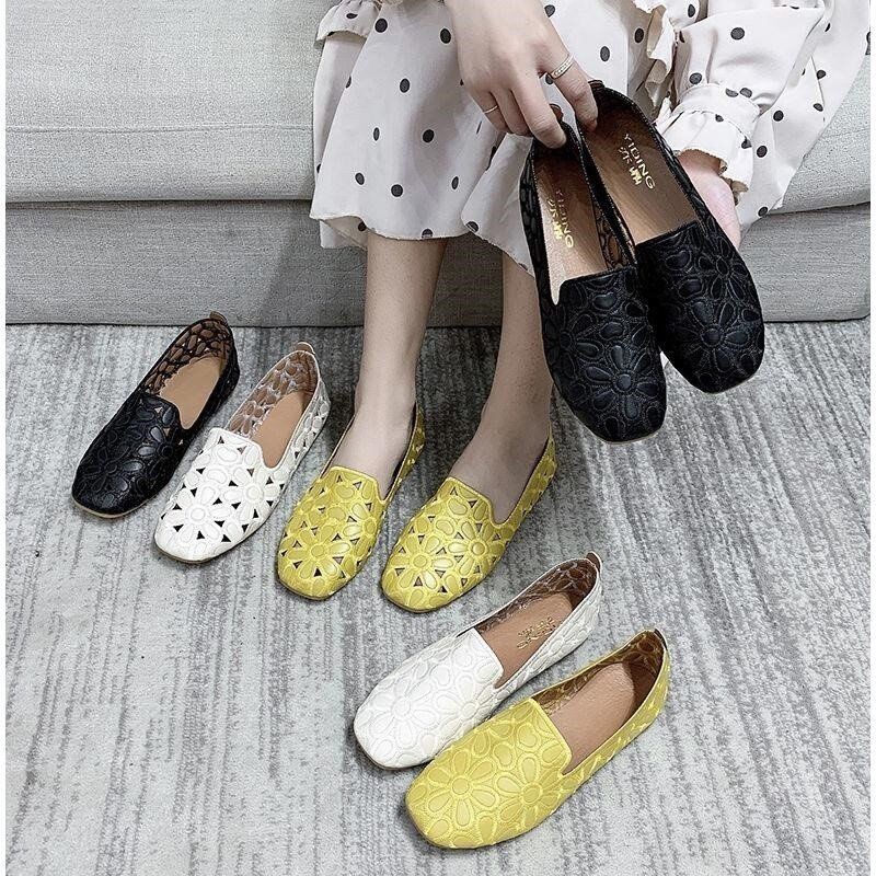 Size 35-42 Giày Mùa Hè Mũi Vuông Cho Nữ Thêu Thiết Kế Giày Dép Mềm Moccasin Giải Trí Nữ Ballet Flats