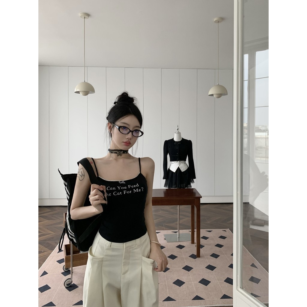 Milyfashion Pure Desire Tấm lót ngực cố định Sling Màu đen In chữ mặc ngoài mùa hè Slim-fit eo hẹp phù hợp với hàng đầu
