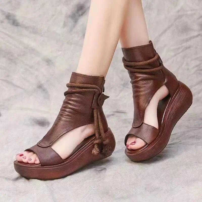 Nữ Vintage Da PU Thoáng Mát Xăng đan Nữ Thời Trang Mùa Hè Giữa Giày Nêm Xăng đan Mujer Sapato Feminino