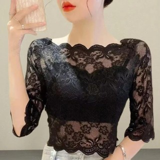 [Chất lượng cao] Áo crop top nữ THEHOMECO, Áo sơ mi nửa tay có cổ một chữ, Áo thun ren thêu thời trang dành cho nữ