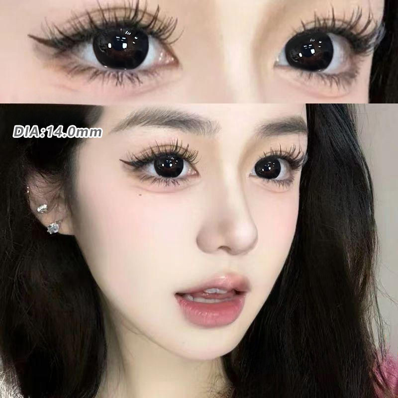 Set 2 Kính Áp Tròng Màu Đen contact lenses 0 ~ -8.00 black len 14.2mm lens cận lens nâu bean black 76