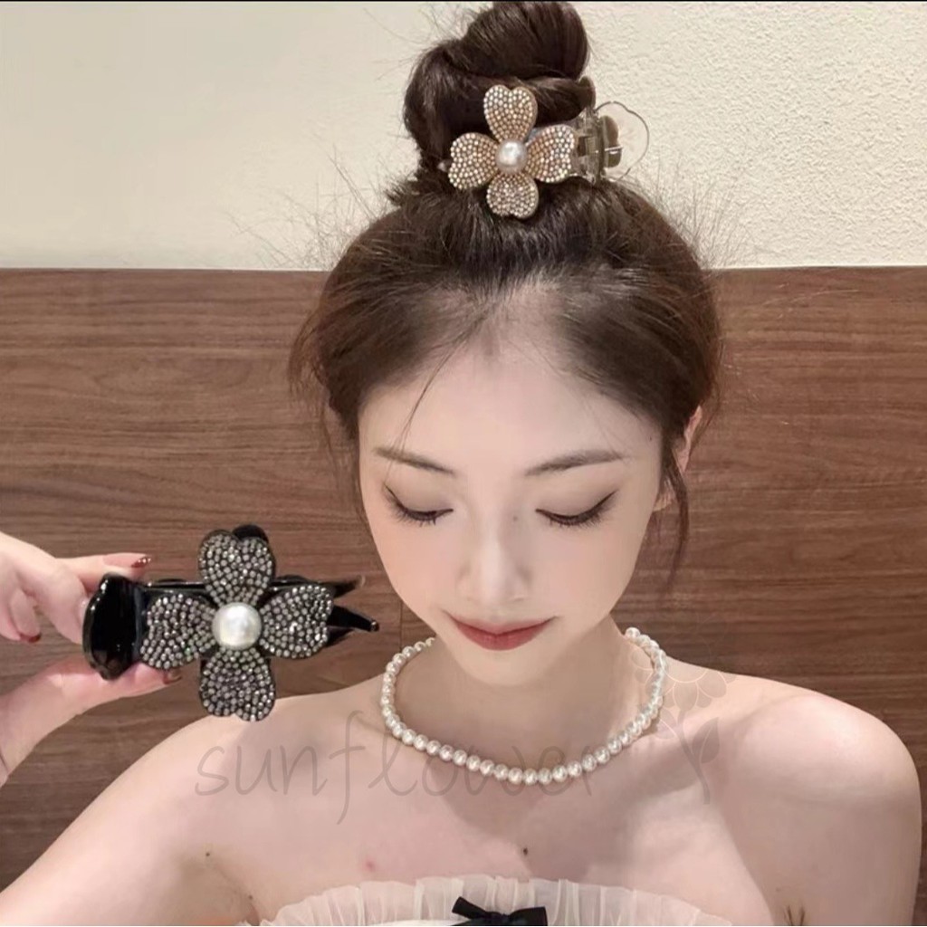Full Diamond Pearl Bốn Lá Cỏ Ba Lá Lấy Kẹp Tóc Hoa