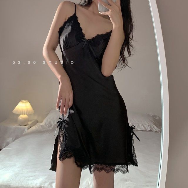 Đầm Ngủ Hai Dây Vải Lụa Satin Phối Ren Quyến Rũ Thời Trang Mùa Hè Cho Nữ
