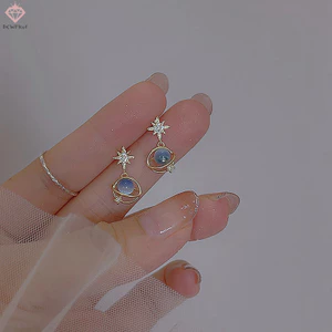 Bông tai hành tinh mặt trăng bằng đá mắt màu xanh tinh tế dành cho nữ Thời trang bé gái Tính khí đơn giản Bông tai độc đáo Trang sức dự tiệc Quà tặng mới