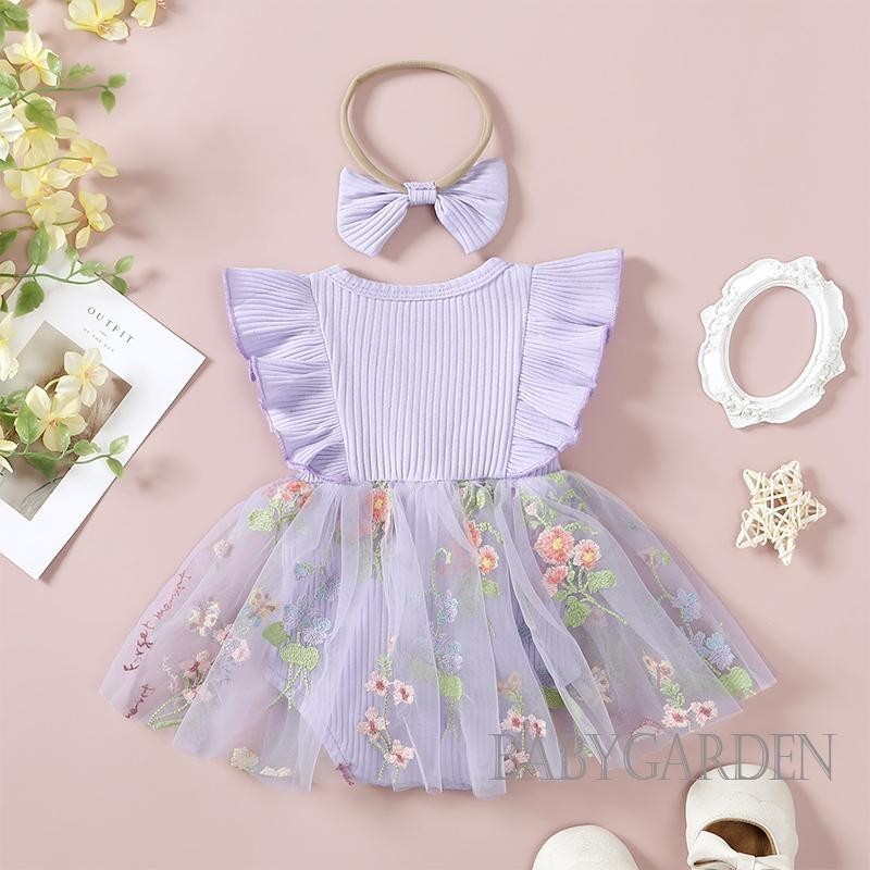 Baga-baby Bé Gái Áo Liền Quần Có Băng Đô Tay Bay Thêu Hoa Tulle Viền Trẻ Sơ Sinh Body Quần Áo Mùa Hè