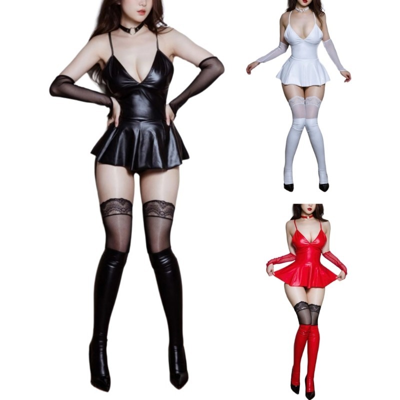 DASBSUG Váy ngủ bodycon nữ bằngPU không tay, xếp ly, phù hợp cho hộp đêm