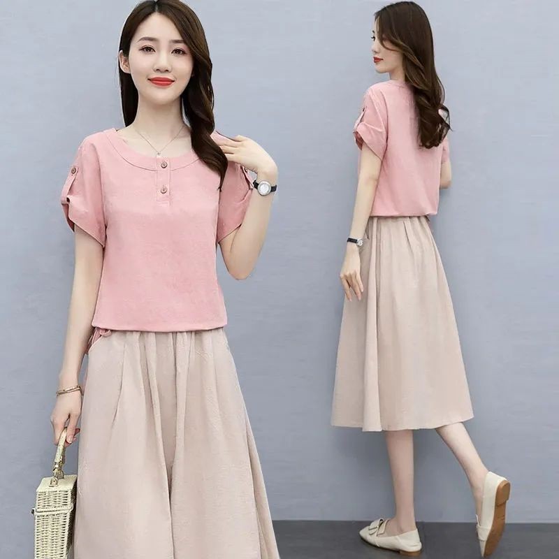 Bộ Áo thun ngắn tay khí chất phong cách Hàn Quốc mới mùa hè dành cho nữ + Váy chữ a Bộ hai mảnh