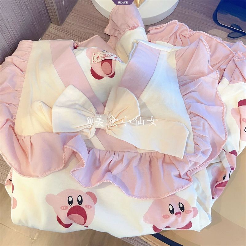 Mùa Hè 2024 Nổ Ins Hoạt Hình Dễ Thương Kirby Bộ Đồ Ngủ Nữ Quần Short Tay Ngắn Bộ Quần Áo Gia Đình [BL]