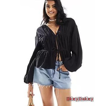 Okdk-áo dài tay dành cho nữ Áo sơ mi cơ bản màu trơn cổ chữ V