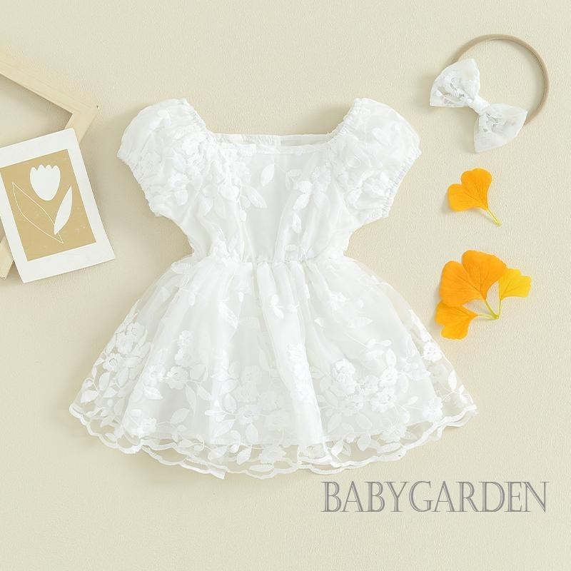 Baga-baby Bé Gái Rompers Đầm Hoa Thêu Tay Phồng Lớp Tulle Viền Trẻ Sơ Sinh Body Có Băng Đô Trắng
