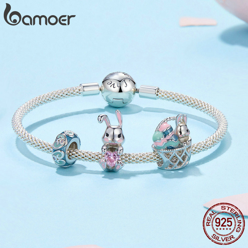 Bamoer 925 Sterling Sliver Charm Phục Sinh Trứng May Mắn Thỏ Trứng Mặt Dây Chuyền Phụ Kiện Series Cho Vòng Tay