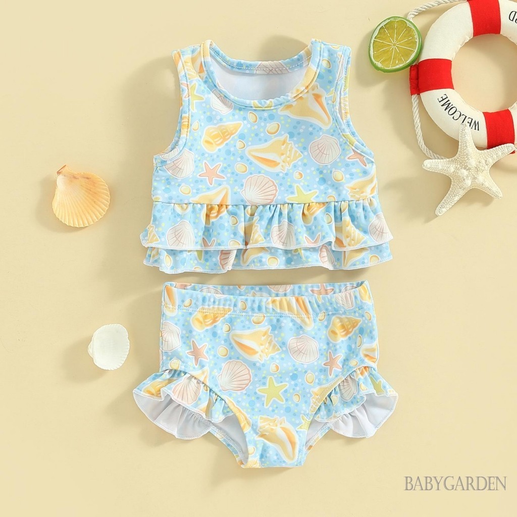 Baga-3 tuổi Bikini mùa hè cho bé gái Bộ 2 chiếc Áo ba lỗ cổ tròn không tay in hình sao biển có quần short Đồ bơi