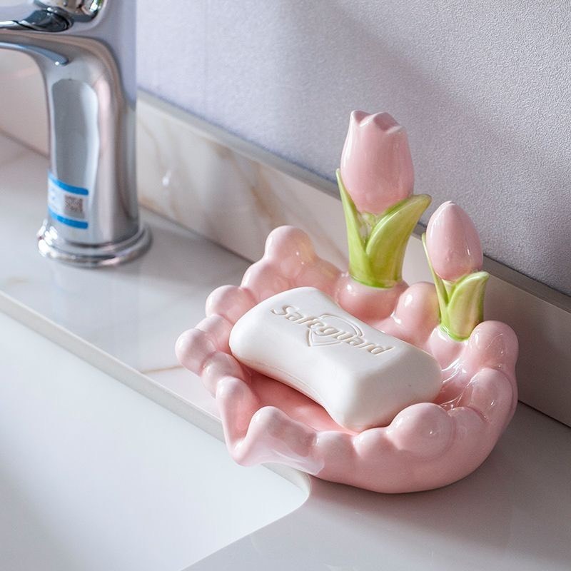 Khay Đựng Xà Phòng Thoát Nước Hoa Tulip - Khay Để Đồ Decor Bằng Gốm Sứ Hoạ Tiết Hoa Hồng Để Nhà Tắm