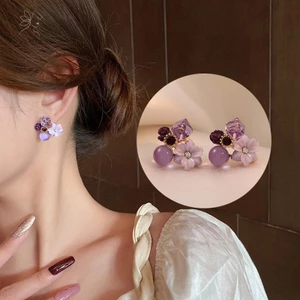 Bông tai đính hoa pha lê màu tím thời trang HNKMP dành cho phụ nữ Phụ kiện tiệc cưới trang sức.