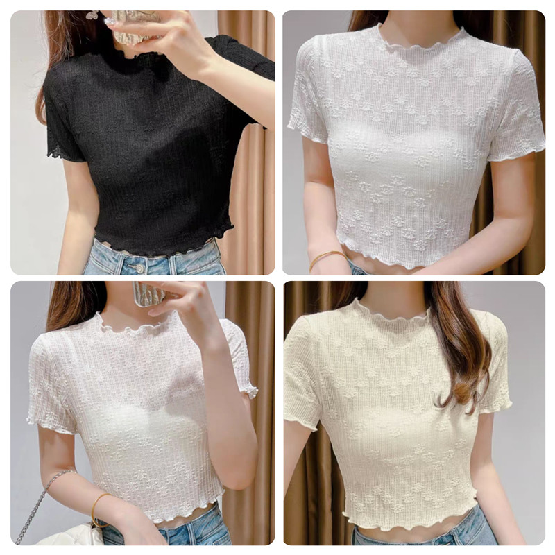 SUXI Áo thun ngắn tay cổ cao màu trơn đơn giản vừa vặn cho nữ 250219