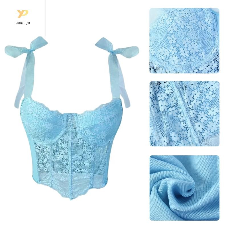 Ppy Xương Cá Hỗ Trợ Ren Crop Tanks Top Cho Nữ Dây Buộc Cổ Chữ V Bustier Camisole