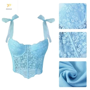 Ppy Xương Cá Hỗ Trợ Ren Crop Tanks Top Cho Nữ Dây Buộc Cổ Chữ V Bustier Camisole
