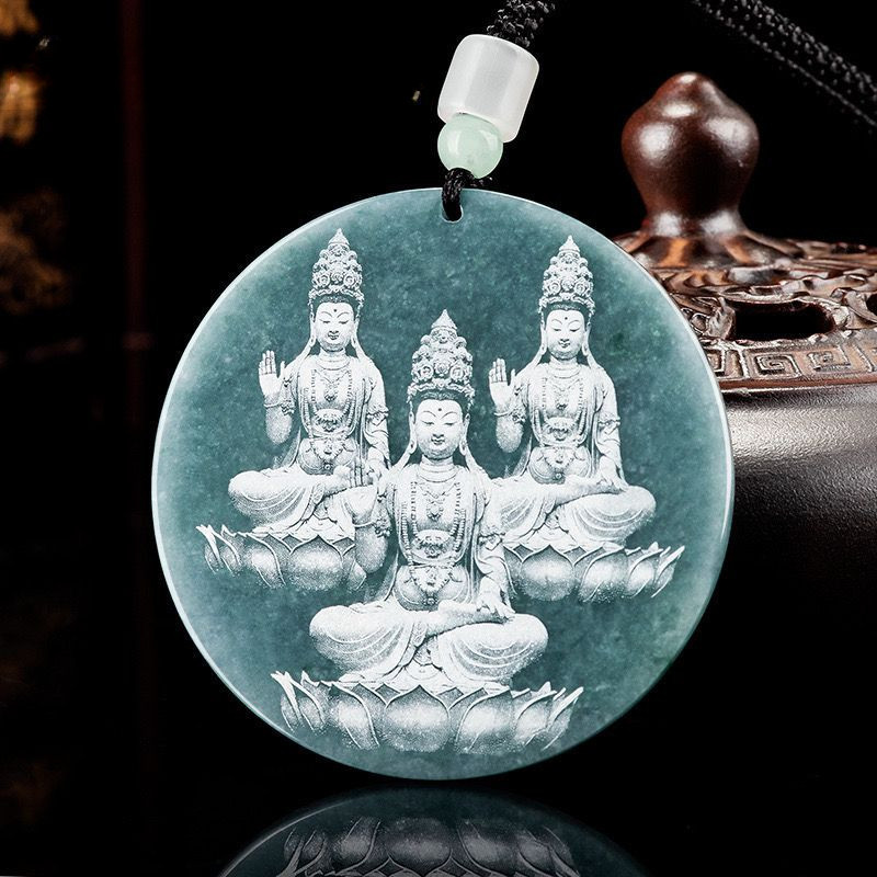 Ngọc Tự Nhiên Xanh Nước Bóng Khắc Tượng Phật Quan Âm Phật Đá Ngọc Mặt Dây Chuyền Nam Nữ Mặt Dây Chuyền