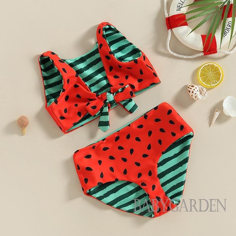 Baga-6 Tháng-4 Tuổi Bé Gái Bikini Bộ Không Tay Cổ Chữ V Dưa Hấu In Áo + Quần Đùi Đồ Bơi Đi Biển Mùa Hè