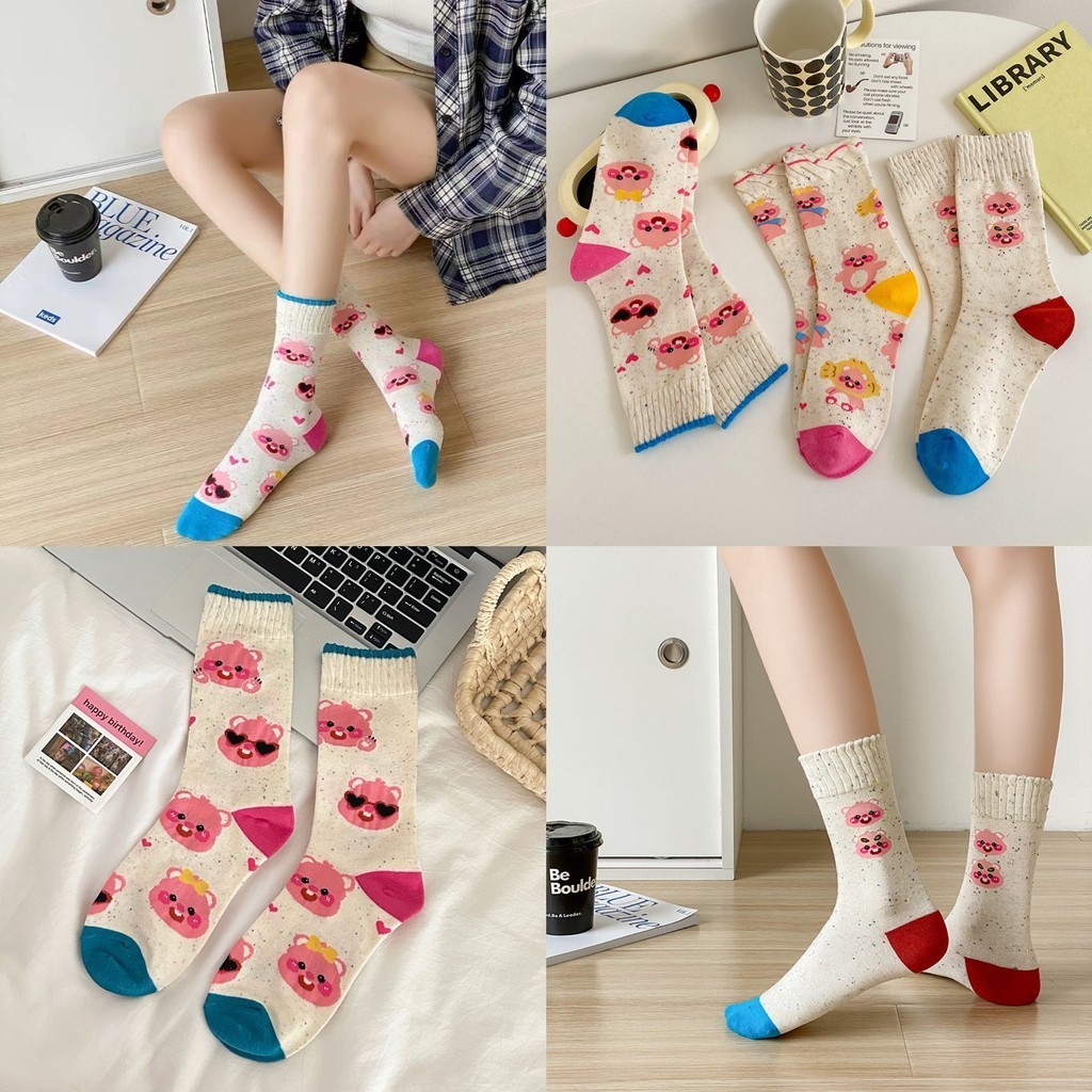 Tất Nữ Little Beaver Ruby, Đôi Dễ Thương Màu Hồng, Chất Cotton, Họa Tiết Loopy, Phong Cách Ins