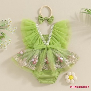 Mg-trang Phục Bé Gái Sơ Sinh Tay Bay Thêu Hoa Tuyn Chắp Vá Áo Liền Quần Có Nơ Băng Đô Quấn Tóc Quần Áo Mùa Hè