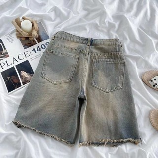 Mỹ Đường Phố Cao Cấp Rách Crop Quần Hip Hop Unisex Châu Âu Mỹ vibe Phong Cách Cao Cấp Thẳng Tất Cả Trận Đấu Quần Short Denim