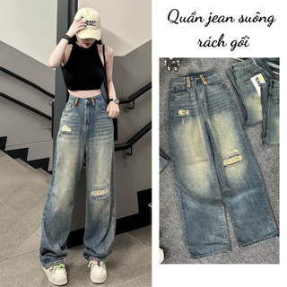 Quần jeans ống rộng nữ MIAA Wash bụi màu xanh cá tính , quần bò ống suông phong cách Ulzzang Hàn Quốc