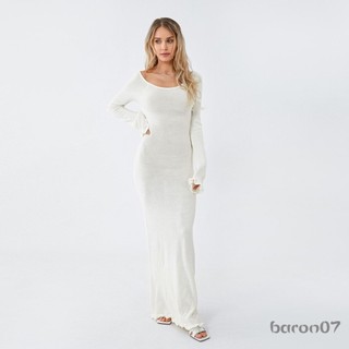 Nữ Dệt Kim Bodycon Đầm Dài Tay Thắt Lưng Cổ Tròn Màu Trơn Ruffle Viền Dài Đầm Đi Biển