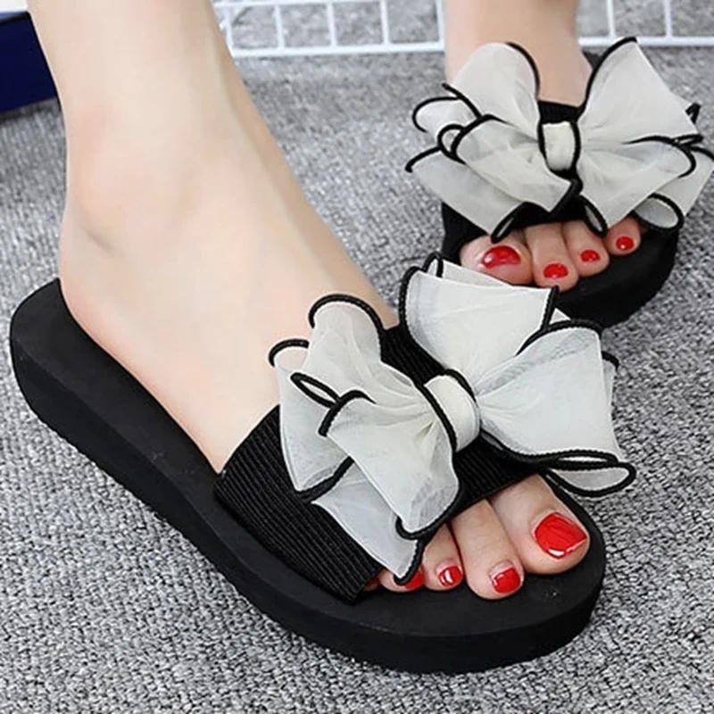 Xăng đan Nữ Nơ Mùa Hè Dép Trong Nhà Ngoài Trời Đi Biển Giày Nữ Mùa Hè Dép Lật Đế Dày 4cm