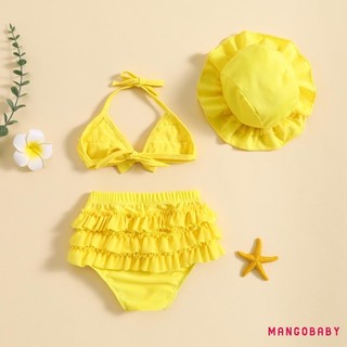 Mg-baby Girls Bộ trang phục đồ bơi mùa hè Áo treo cổ + Quần short xếp lớp + Mũ