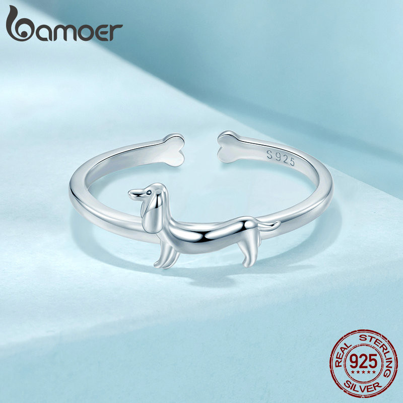 Bamoer 925 Sterling Sliver Nhẫn Dachshund Thiết Kế Chó Tinh Tế Trang Sức Thời Trang Quà Tặng Cho Nữ