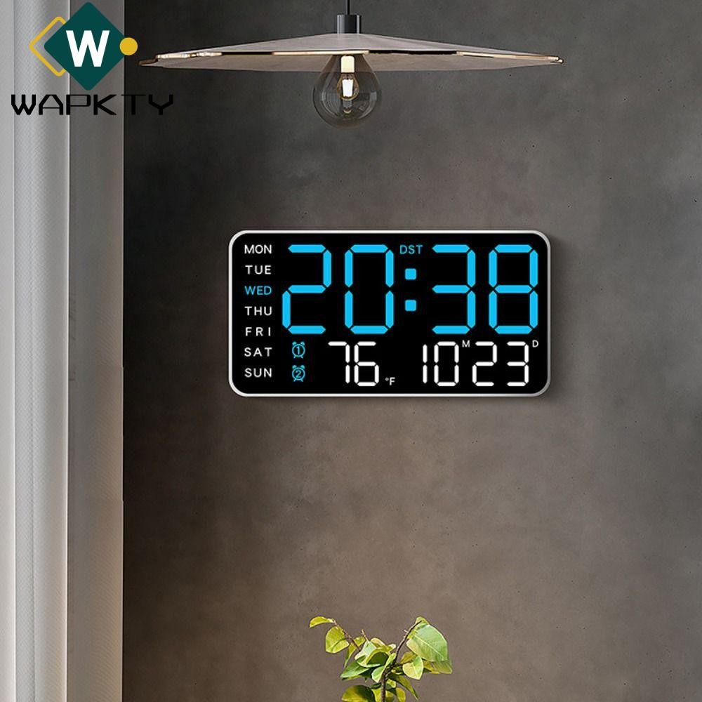 Đồng hồ treo tường điện tử WAPKTY, Đồng hồ LED kỹ thuật số nhiệt độ treo tường, Đồng hồ bàn hiển thị 12 / 24H điều khiển bằng giọng nói cho phòng ngủ